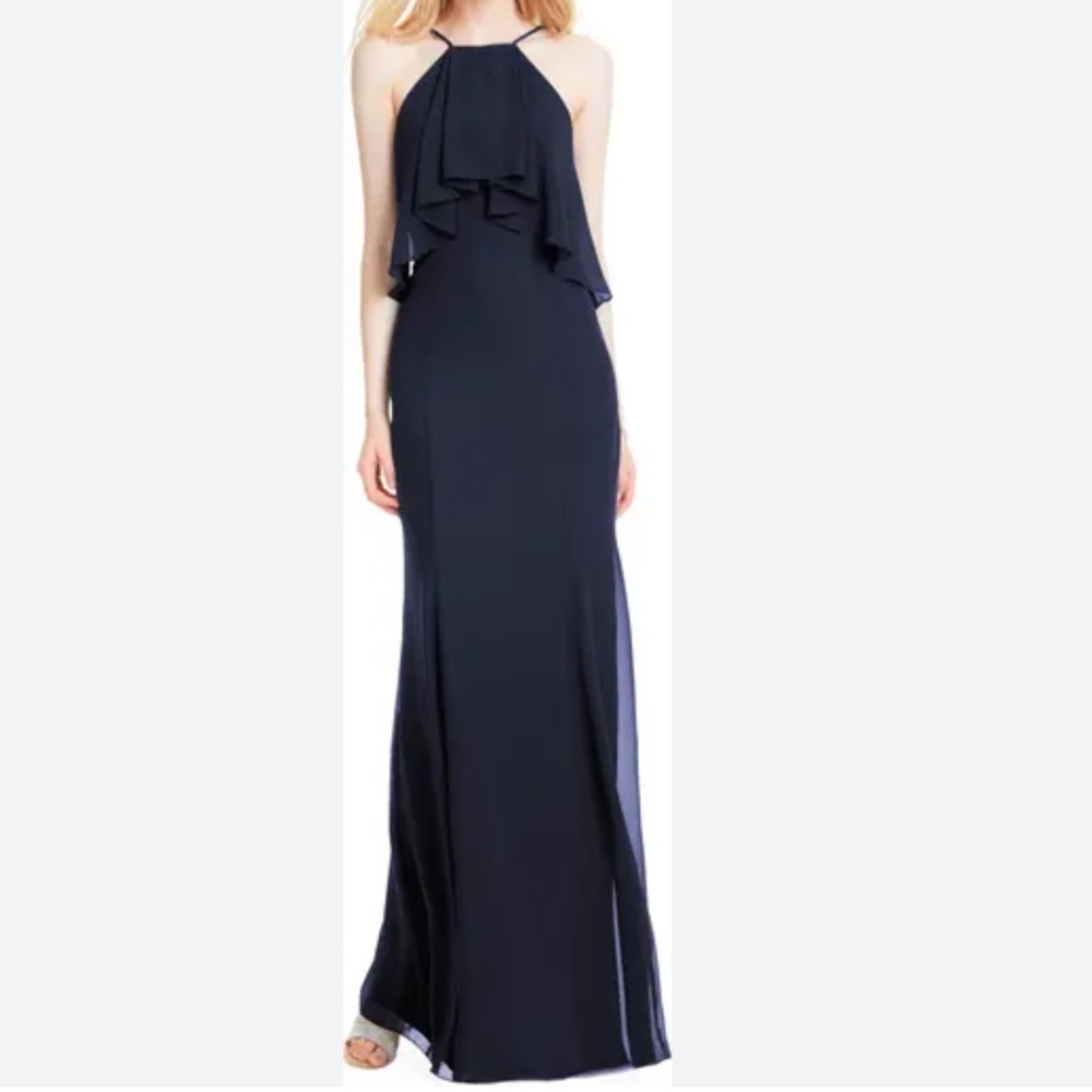 #Levkoff Flutter Halter Chiffon A-Line Gown Sleeveless Color Navy Size 0